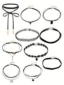 10pcs/Set Minimalist Personalized European&American Style Choker Necklace Collar Bone Chain Set, Short Korean Velvet Necklace