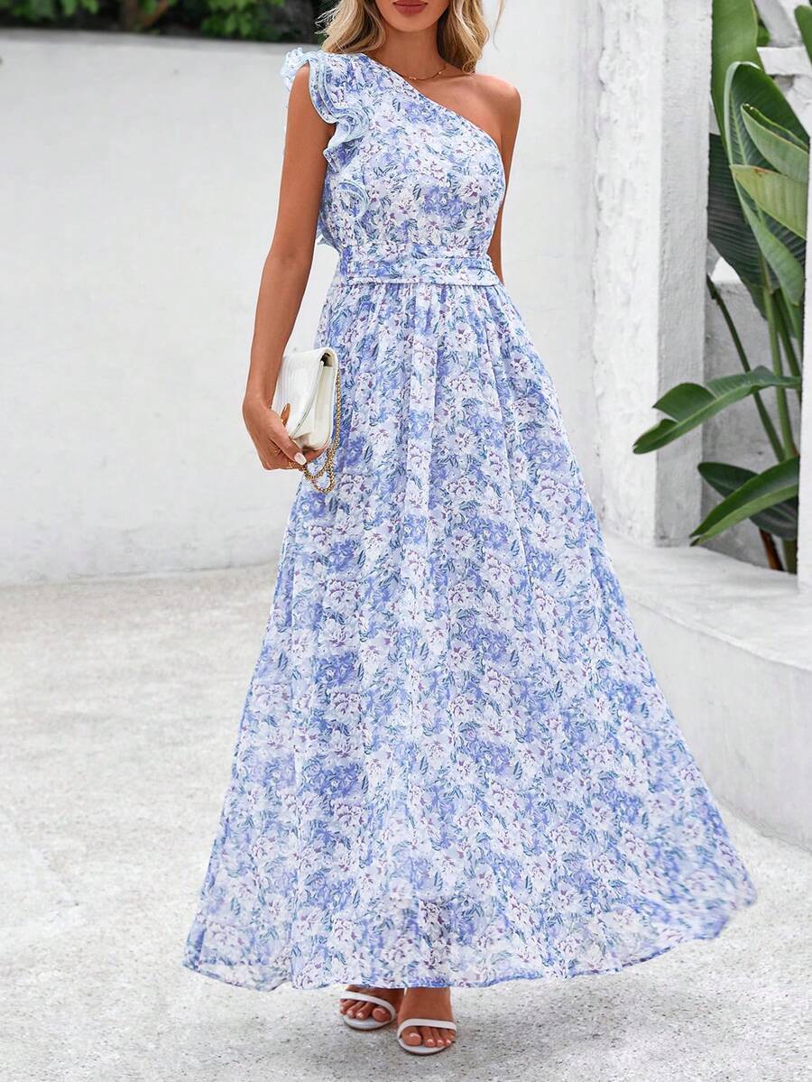 Women Summer Dress Floral One Shoulder Sleeveless Smocked Ruffle Flowy Long Dress With Pocket Boho Beach Vacation Holiday Wedding Guest Valentine Maxi Dress Outfits - Màu xanh lam - Xem 1