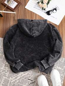 LQTY 棉质秋冬女装纯色个性化图案印花街头风，韩版舒适复古基础款时尚通勤百搭Y2K女装，适合户外休闲，常规小众朋克风黑色修身水洗连帽卫衣休闲 - 黑色 - 查看 3