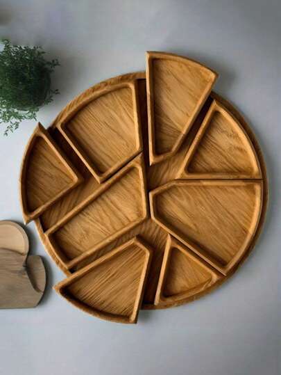 1set Elegant Solid Wood Divided Serving Tray With 8 Petal Design - Perfect For Fruits, Desserts, Snacks, Bread, Pizza | High-End Food Presentation Platter With Compartments For Parties, Tea Time, And More, Food-Wooden Serving Board, Tea Party Serving Platter, Elegant Wooden Serving Tray