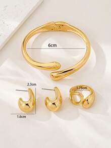 1 Set Minimalist Metallic Geometric Teardrop Shape Shiny Bracelet, Ring, Earrings Set, Suitable For Women Everyday, Party, Date Outfit Accessories