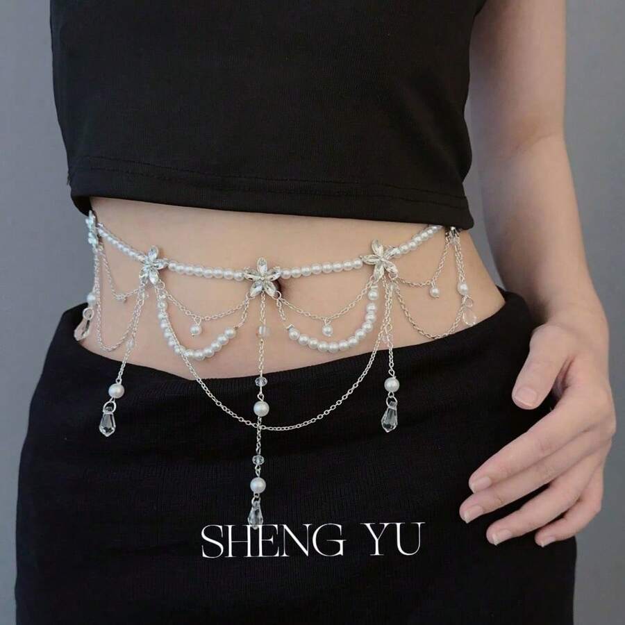 1 Super Fairy Tassel Flower Belt, Multiple Styles, Imitation Pearl Multi-Layer Stacking. It Has A Niche And High-End Feel, With A Personalized, Fashionable, And Elegant Style. It Is A Waist Accessory For Women's Clothing. - 02 - Xem 1