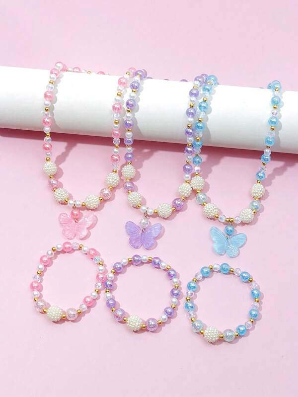 2pcs/Set Pearl & Bead Decor Cute Butterfly Pendant Necklace And Bracelet Set, Suitable For Daily, Summer, Holiday Wear