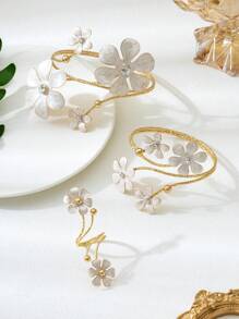 1 Set Fashion Vintage 3D Floral Rhinestone Bangle, Bracelet & Ring Jewelry Set, Elegant Gift For Women