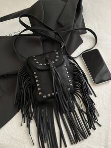 复古仿麂皮流苏单肩包，高品质小方形斜挎包