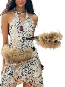 1 件人造毛皮可爱 PU（皮革）一体式系带毛茸茸腰带，复古性感风格，适合春季、夏季、秋季、冬季秋季、万圣节 - 棕色毛毛皮帶款 - 查看 5