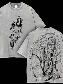 230g Double-Sided Washed, Jiraiya With Children's Printed T-Shirt, High-Quality Wax Printed Cotton Retro Fashion Brand T-Shirt, Men's T-Shirt, Beach Essential, Summer T-Shirt, Holiday Gift, Perfect Gift - Màu xám đen - Xem 1