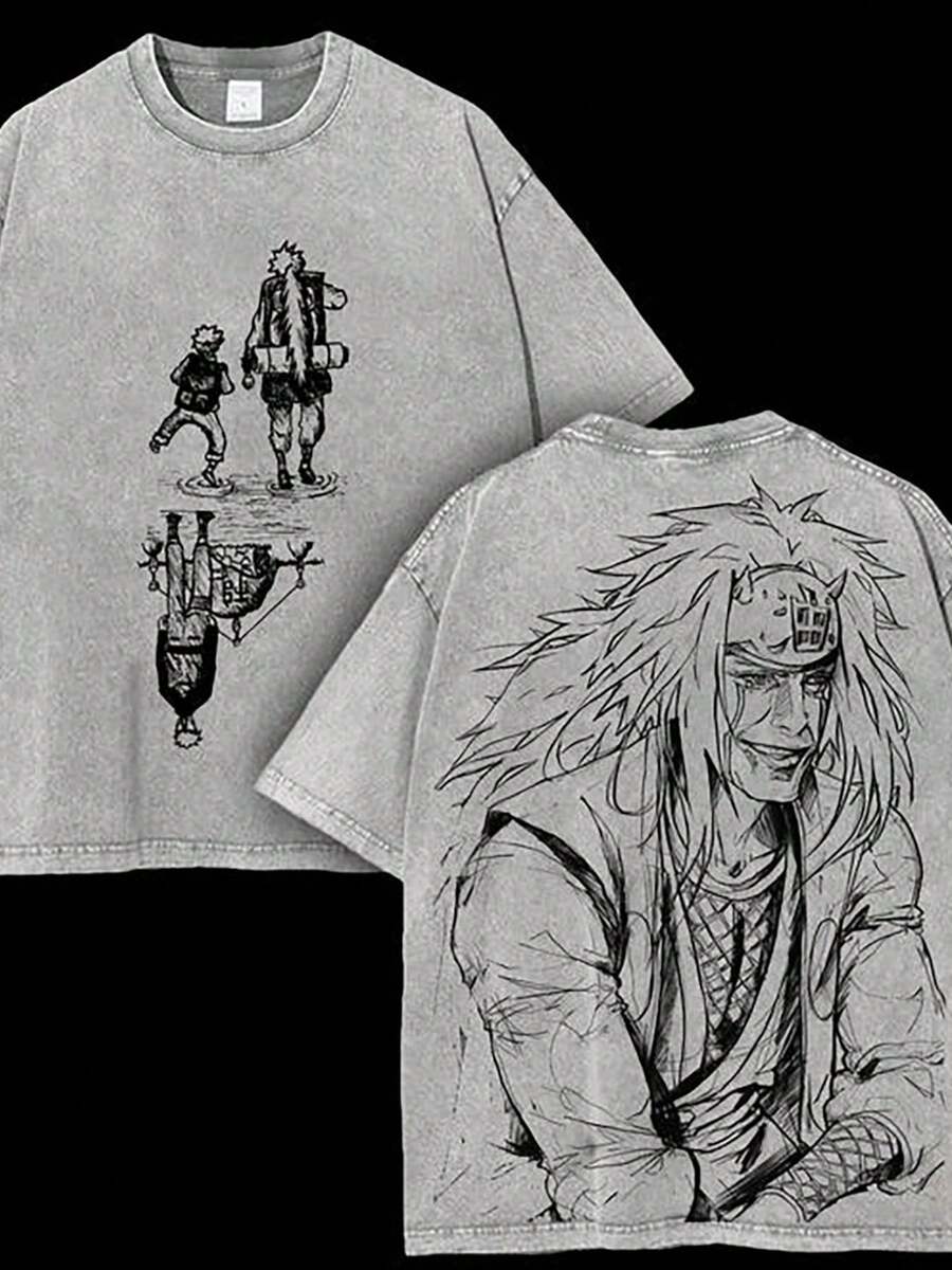230g Double-Sided Washed, Jiraiya With Children's Printed T-Shirt, High-Quality Wax Printed Cotton Retro Fashion Brand T-Shirt, Men's T-Shirt, Beach Essential, Summer T-Shirt, Holiday Gift, Perfect Gift - Màu xám đen - Xem 1