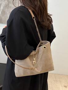 This Fashionable Color Block Geometric Pattern Chain Shoulder Bag Is Suitable For Shopping, Wallet Storage, Young Women, College Students, Career Starters, And White-Collar Professionals. It Is Also Very Suitable For Office, University, Work, Business, Commuting, Outdoor, Travel And Hiking Occasions. , Beach Bag , Office - Khaki - View 6