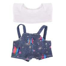 1 set composé de : 1. T-shirt blanc avec imprimé d'étoiles arc-en-ciel et de feux d'artifice, avec pantalon à bretelles bleu. 2. T-shirt rayé noir avec imprimé floral et ours, avec pantalon à bretelles. Nouveau vêtement mignon et à la mode pour poupées, en tissu polyester doux, convient aux filles de 3+ ans, étudiants, enfants, jouets et accessoires de poupée, cadeau pour fête et anniversaire
