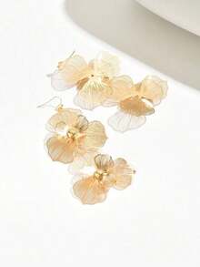 1pair Fashionable Double-Layer Floral Drop Earrings With Exaggerated Design, Long Floral Earrings For Women, Suitable For Daily Wear - Gold - View 4