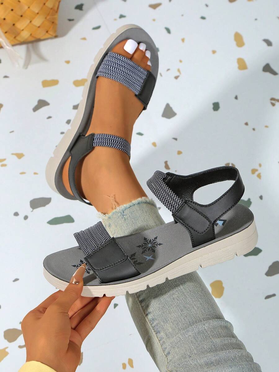 Sandálias femininas de tiras com , moda casual, cor sólida, plataforma, salto anabela, estilo boêmio, sandálias para áreas externas, com , para primavera e verão - Preto - Ver 1