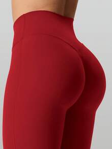 RUNONWHEELS 5 女士勃艮第酒红色 V 型提臀瑜伽健身喇叭紧身裤，交叉腰带，高腰运动健身跑步紧身阔腿裤