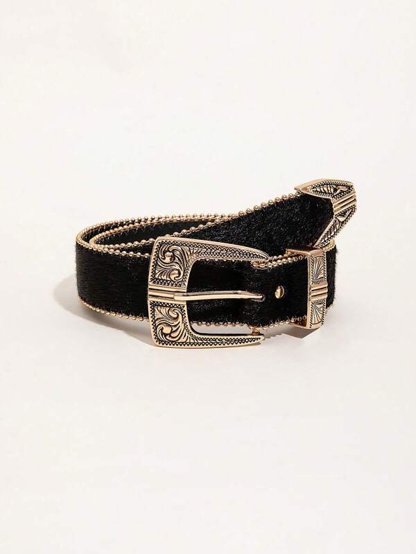 1pc Western Style 3 PiecesSet Carved Floral Print Black Edge Beaded Women Belt