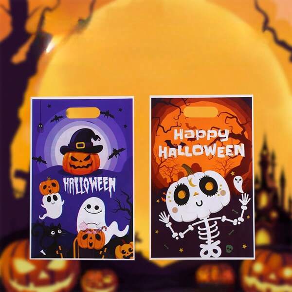 Halloween Pumpkin Ghost Print Tote Bag Halloween Party Return Gift Bag Universal Candy Plastic Packaging Bag