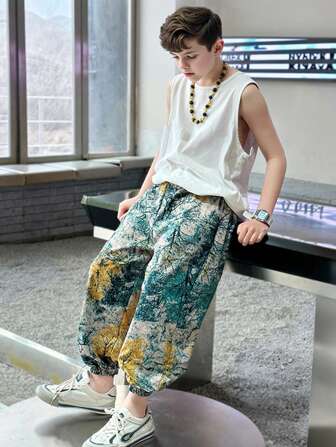 青少年男童时尚宽松全印花裤，水墨画色时尚卷边防蚊裤，适合8-14岁儿童，适合春夏季