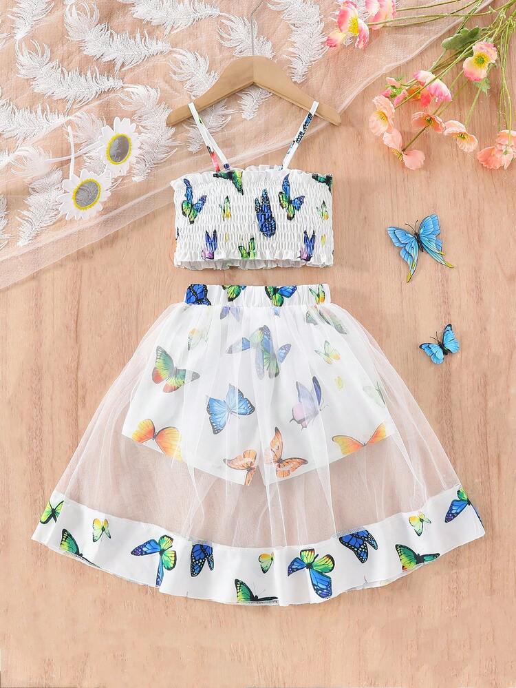Young Girl Summer Children's Clothing Set, New Summer Outfits For Girls Including Butterfly Print Net Top & Shorts, Two-Piece Set - Blue - View 8