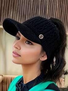 1 件冬季女士针织帽，弹力马尾棒球帽，带护耳，厚保暖内衬弹力帽，无羽毛，可手洗涤纶棒球帽 - 彩色 - 查看 2