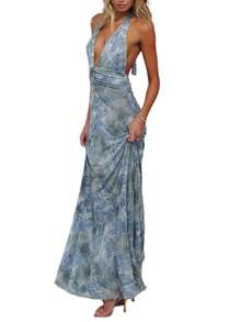 Womens Boho Floral Print Halter Maxi Bodycon Dress Summer Sexy Backless Flowy Long Dresses Beach Vacation Sundress - 藍色 - 查看 2