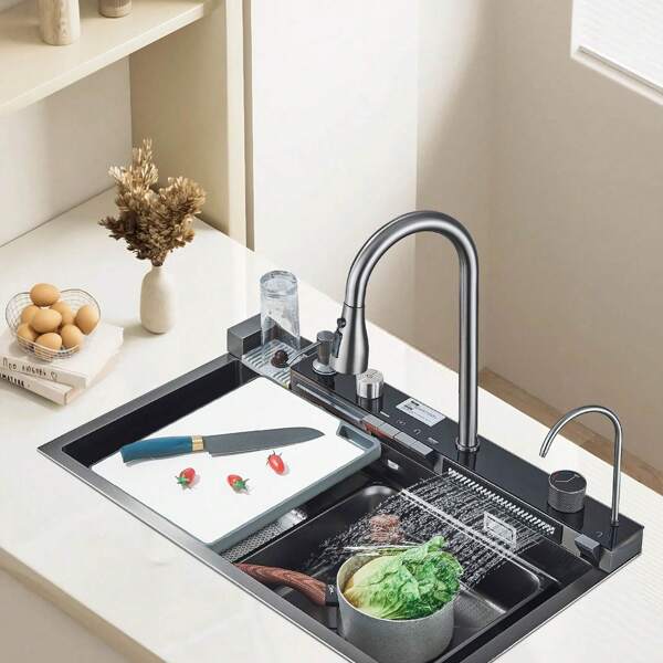 Fregadero de cocina de acero inoxidable 304 de un solo tazón, con grifería de cascada con pantalla digital, con rociador extraíble y vaso de lavado presurizado y dos cascadas
