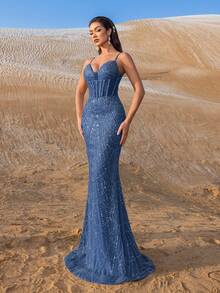 Faeriesty 优雅吊带珠饰亮片美人鱼晚礼服，适合春夏秋季的优雅正式礼服 - 红毯、婚礼招待会、盛大晚宴、黑领结活动、名人派对 - 霧霾藍 - 查看 6