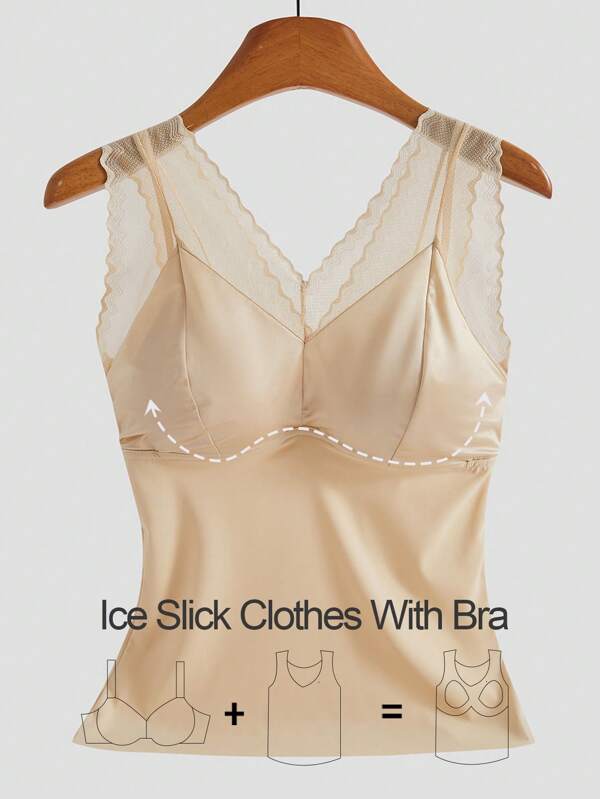 Regata feminina de renda contrastante de cor sólida Now Show Ice Slick, tecido sexy, decote em V, sem aro, camisola confortável, com sutiã acolchoado embutido e camiseta justa