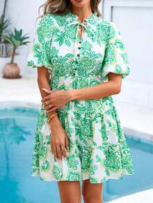 Women Summer Dresses Floral V Neck Short Sleeve Tiered Ruffle Swing Dress A-Line Mini Dresses Boho Hawaii Holiday Beach Dating Night Out Party Club Valentine Short Dress Outfits - màu xanh lá - Xem 5
