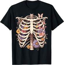 Goth Heart Ribcage With Butterflies And Flowers Skeleton Casual Comfort T-Shirt - Black - View 1