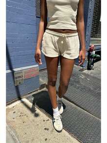 Women Drawstring Jogger Sweat Shorts Elastic Low Waist Athletic Running Shorts Comfy Lounge Shorts With Pockets - Màu be - Xem 5