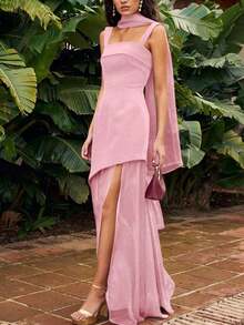 Women's Summer Solid Color Chiffon Patchwork Dress With Waist Tie Sash - Pink - View 2