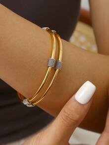 TONSI 1 件优雅迷人简约时尚高端 18K 镀金不锈钢几何螺旋手链，适合女性夏季、假日、工作、日常、派对、节日 - 金鋼色 - 查看 3