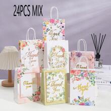 12/24PCS Floral Design Thank You Kraft Paper Gift Bags, Gift Packaging Bag, For Wedding Party Decor, Birthday Party Supplies, Theme Party Gifts Decorations