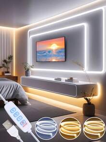 Lampu Strip LED Neon 3 Warna, 3000K-6000K Lampu LED Silikon Fleksibel Tahan Air (1m/2m/3m/4m/5m), Ditenagai USB, Kontrol Tombol, Untuk Pencahayaan Rumah Pintar Suasana Putih Hangat, Teknologi Peredupan Cerdas, Lampu Strip Suasana Peredupan Fleksibel untuk Siaran Langsung dan Pencahayaan Cermin Rias - Putih - View 2