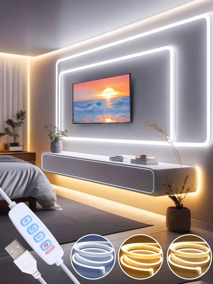 Lampu Strip LED Neon 3 Warna, 3000K-6000K Lampu LED Silikon Fleksibel Tahan Air (1m/2m/3m/4m/5m), Ditenagai USB, Kontrol Tombol, Untuk Pencahayaan Rumah Pintar Suasana Putih Hangat, Teknologi Peredupan Cerdas, Lampu Strip Suasana Peredupan Fleksibel untuk Siaran Langsung dan Pencahayaan Cermin Rias