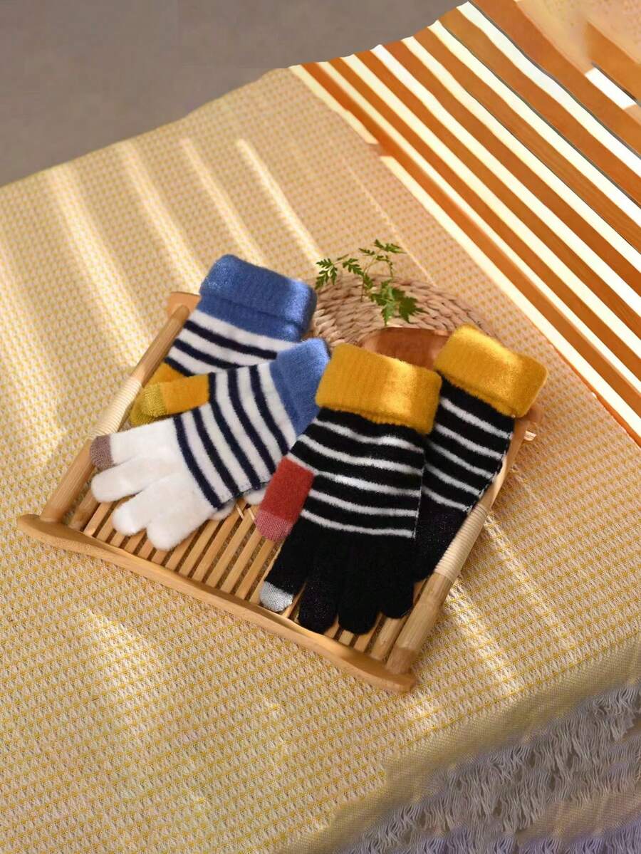 kissyouths 条纹休闲涤纶保暖手套，男女通用户外休闲手套，时尚秋冬手套 - 彩色 - 查看 1