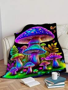 1 件明亮的夜光蘑菇羊毛毯 - 柔软、温暖的法兰绒毯子，带有霓虹紫色、蓝色、绿色和红色蘑菇图案 - 四季皆宜，可机洗涤纶，适用于沙发、床、旅行、露营和办公室