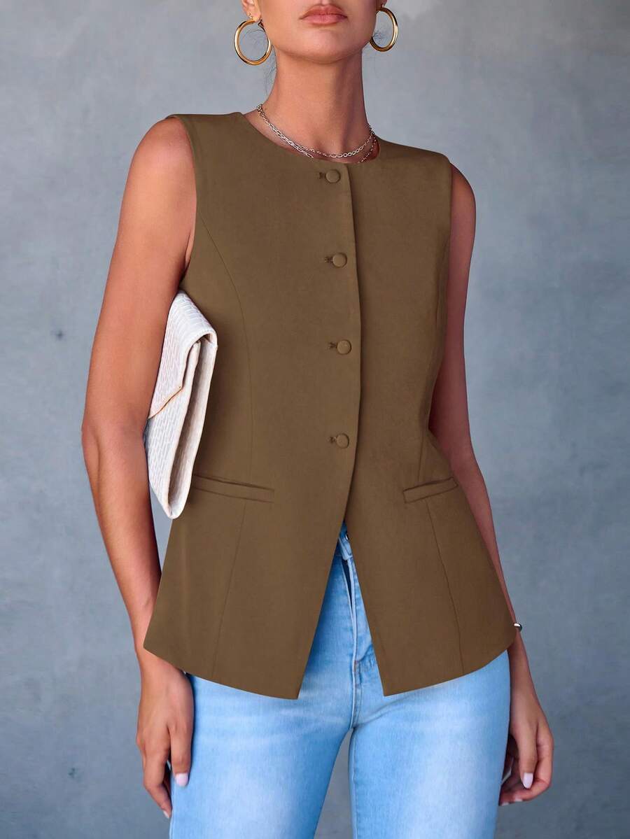 Women's Summer Suit Vest Top Formal Business Casual Sleeveless Button Slimming All Fashion Suit Jacket Vest - 咖啡 - 查看 1