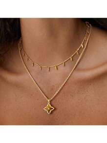 Collana con ciondolo a quadrifoglio placcato oro 14K con zirconia cubica, catena regolabile, ciondolo colorato, gioiello portafortuna regalo per le donne