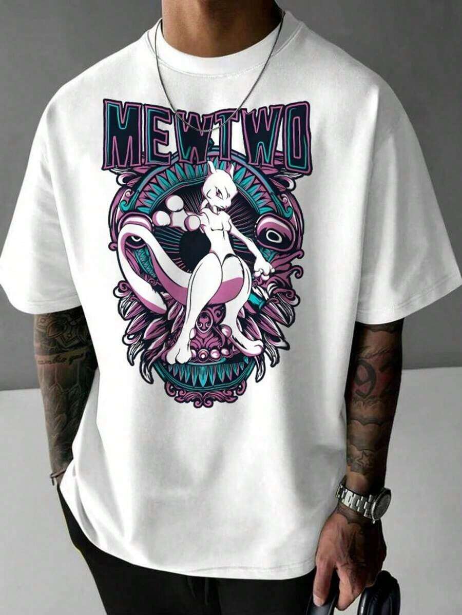 Men's Casual  Mewtwo Cartoon Print Round Neck Short Sleeve T-Shirt - 白色 - 查看 1