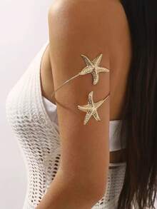 1 件海洋海滩度假海星金属手镯，适合女士，时尚开口袖口手镯配饰，适合派对、送给朋友的礼物和日常佩戴 - 金色 - 查看 3