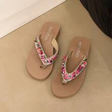 1 Par de Sandalias Tipo Chanclas con Cuña y Detalles de Lentejuelas Estilo Bohemio para Mujer, Sandalias de Playa y Exterior para Verano