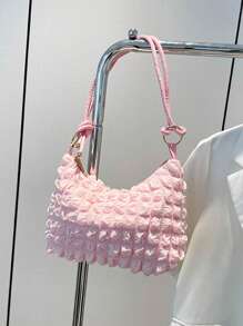 1 pieza Bolso de hombro con plisado tipo burbuja de estilo dulce para mujer, versátil bolso de unicolor para uso diario, pequeña cartera para monedas y bolso de mano para la noche, bolsas de viaje y compras para exterior, morral casual para estudiantes y trabajadores de oficina.