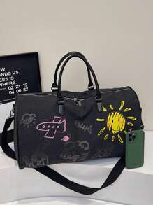 Thickened Canvas Cartoon Graffiti With Childlike Patterns, Wear-Resistant, Multi-Level, Large Capacity, Ultra Light, Foldable, Multifunctional, Zippered Single Shoulder Crossbody Handbag, Travel Bag, Luggage BagSuitable For Shopping, Wallet, Shopping, Young Women, College Students, Newcomers, White-Collar Workers. Very Suitable For Office, College, Work, Business, Commuting, Outdoor Activities, Travel And Outings