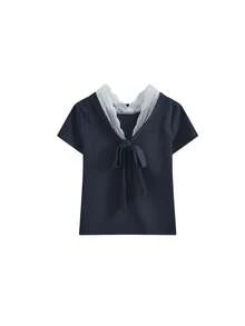 Áo thun tay lỡ cổ chữ V ren gợi cảm tinh khiết dành cho nữ, áo crop top ôm vừa vặn mùa hè mới - Màu sắc hình ảnh - Xem 4