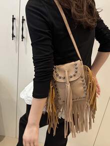 Retro Faux Suede Fringe Small Square Shoulder Bag, High-Quality Crossbody Bag - Khaki - View 2