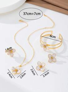 1 Stück romantisches, zierliches Resort-Stil Weißes Öltropfen Vierblatt Blume Anhänger Halskette, 1 Paar Ohrringe, 1 Ring, 1 Armband, Schmuckset für Frauen geeignet für Dates/Alltag