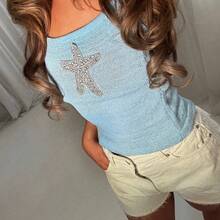 Women Y2k Starfish Cami Top Rhinestone Printed Crop Tank Tops Slim Fitted Knit Going Out Summer Beach Sleeveless Shirts Vest - Màu xanh nhạt - Xem 4