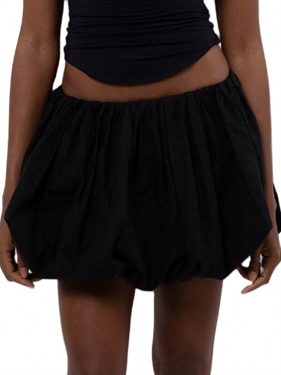 Women Y2k Bubble Skirt High Elastic Waist Ruffle Flared Mini Skirts Layered Pleated Balloon Puffy Short Skirts - 黑色 - 查看 1