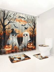 [Cadeau d'Halloween] 1 pièce/4 pièces Ensemble de décoration de rideau de douche d'Halloween | Beau cadeau moderne pour la maison avec 12 crochets de rideau de douche et 3 pièces de tapis de sol de toilette Rentrée des classes