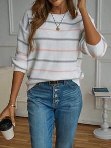 Maglione lavorato a maglia a righe e a blocchi di colore casual, da donna, taglie forti, per autunno/inverno